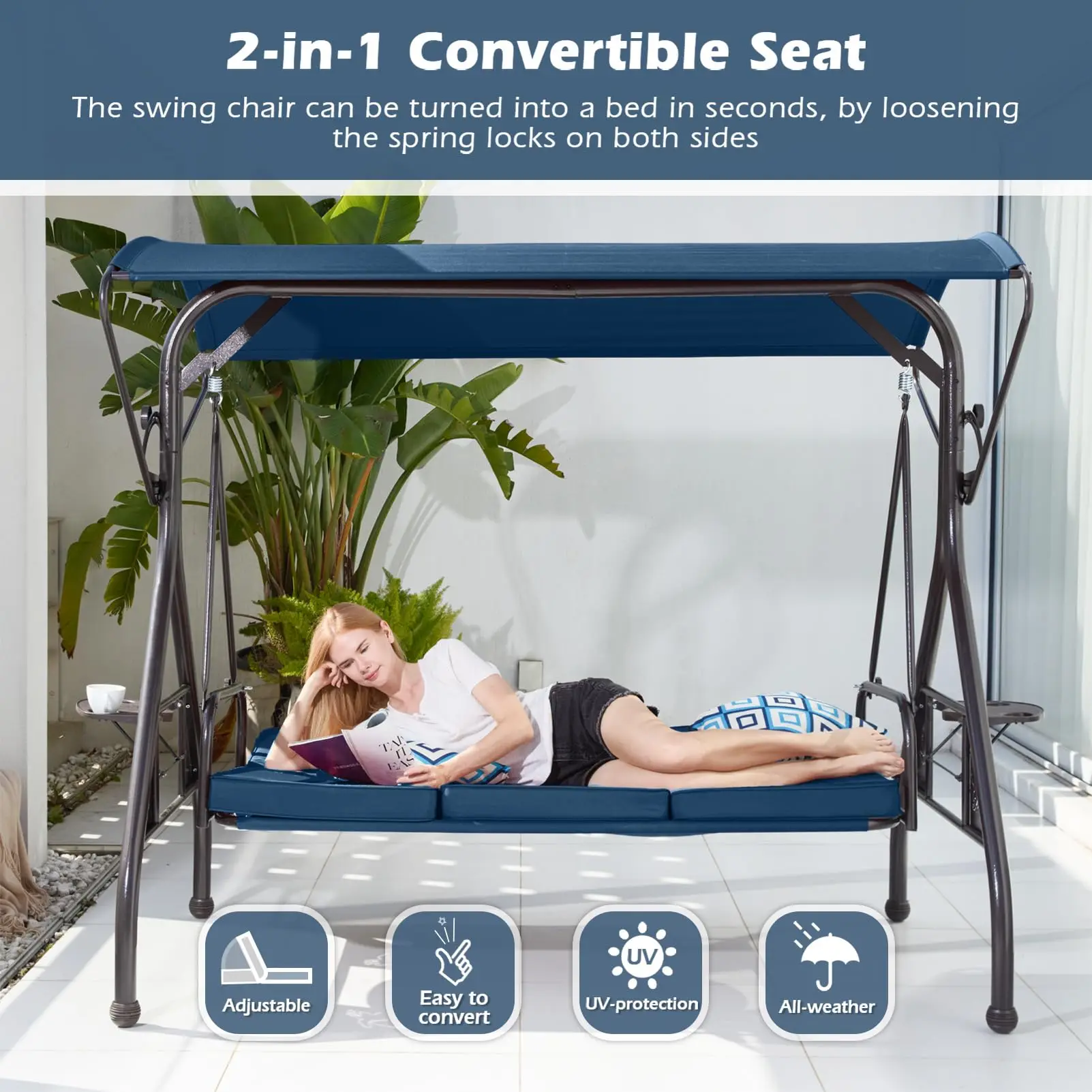 800LBS Patio Swing with Canopy 3 Seat Outdoor Porch Swing with Stand w/Cup Holder & Pillow Glider Chair Swing Bed for
