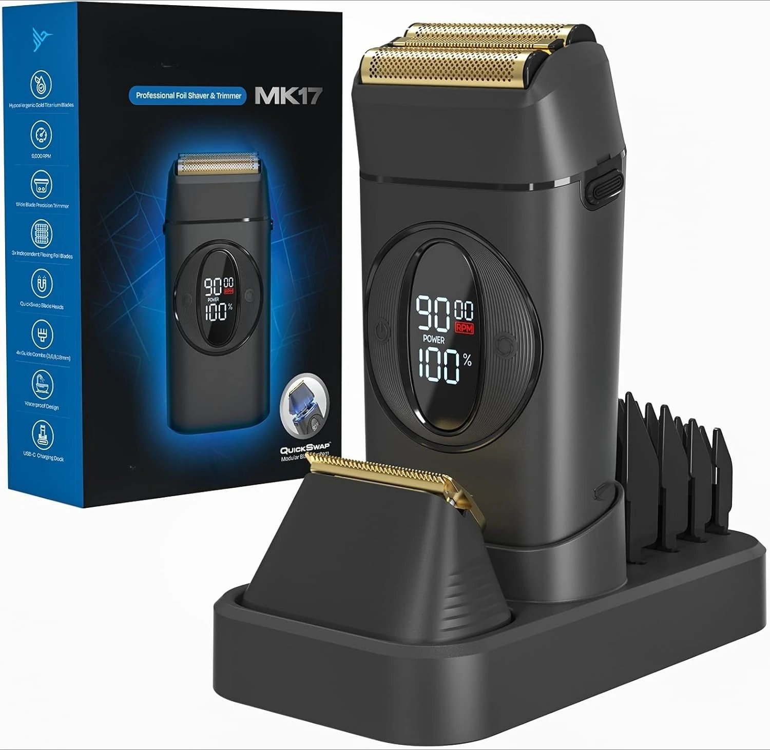 

2026 New Upgrade Foil Shaver & Beard Trimmer For Men – Gold Titanium Blades, Turbo Shaving & Torque Con