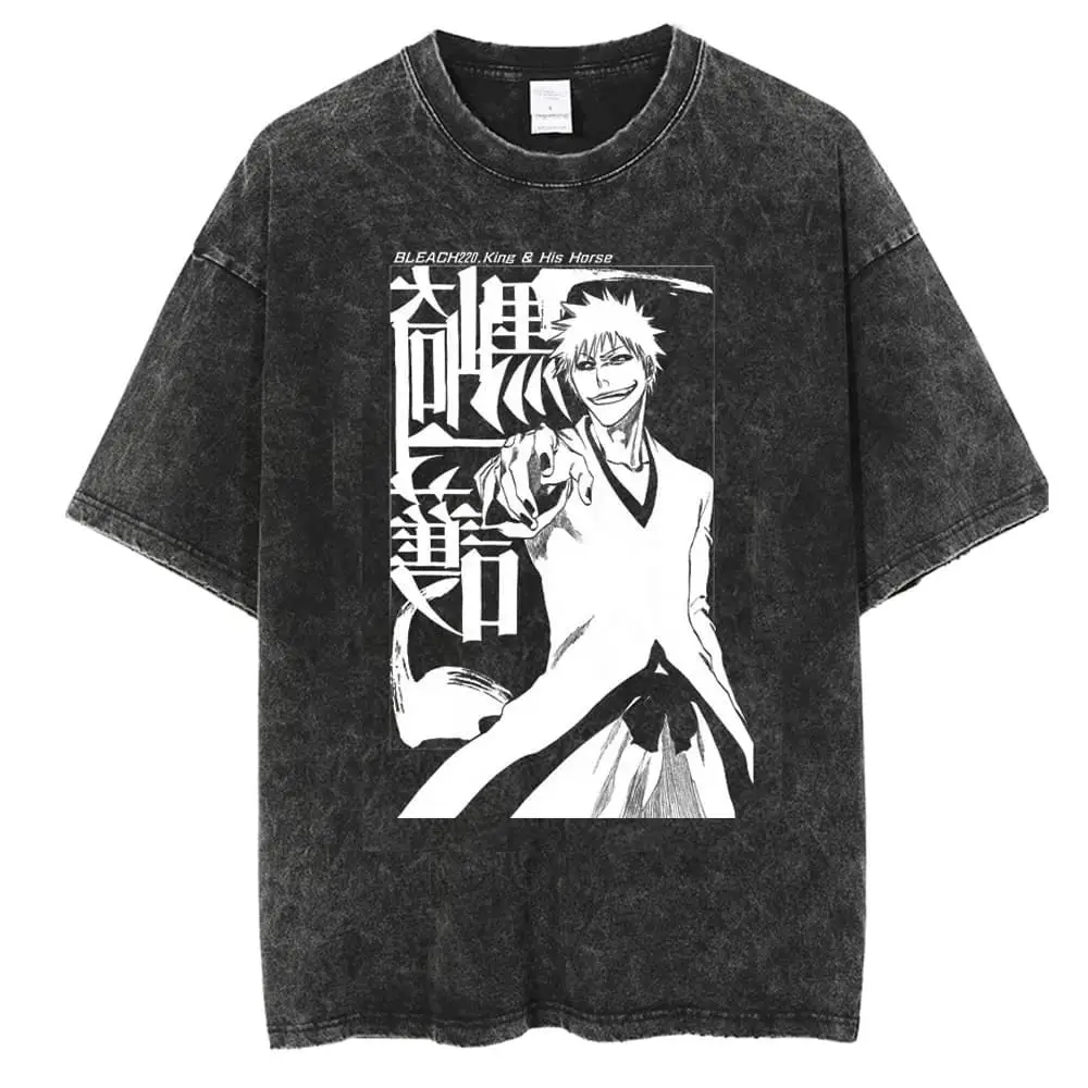 Japan Anime Bleach Zaraki Kenpachi Graphic Printed T Shirt Men Women Manga Tshirts Harajuku Male Oversized Washed Cotton T-shirt