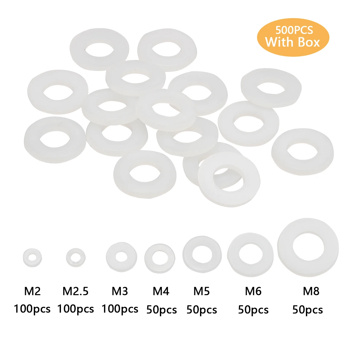 500pcs Set di guarnizioni per rondelle piatte M2 M2.5 M3 M4 M5 M6 M8 O-ring di tenuta in plastica Kit di assortimento distanziatore di elementi di fissaggio bianco nero