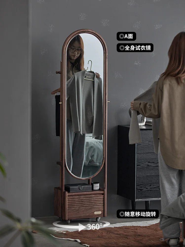 Solid Wood Full-Length Mirror Floor Mirror Nordic Household Dressing Mirror Coat Rack Integrated Movable