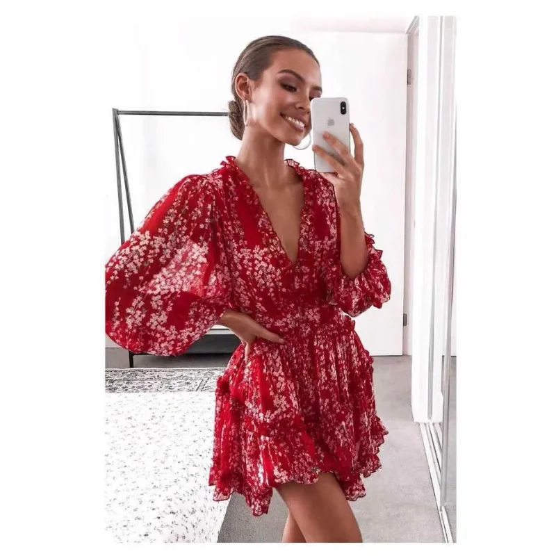 Sexy manga longa com decote em v chiffon férias espartilho em camadas plissado vestido elegante feminino floral impressão boêmio vestido de praia