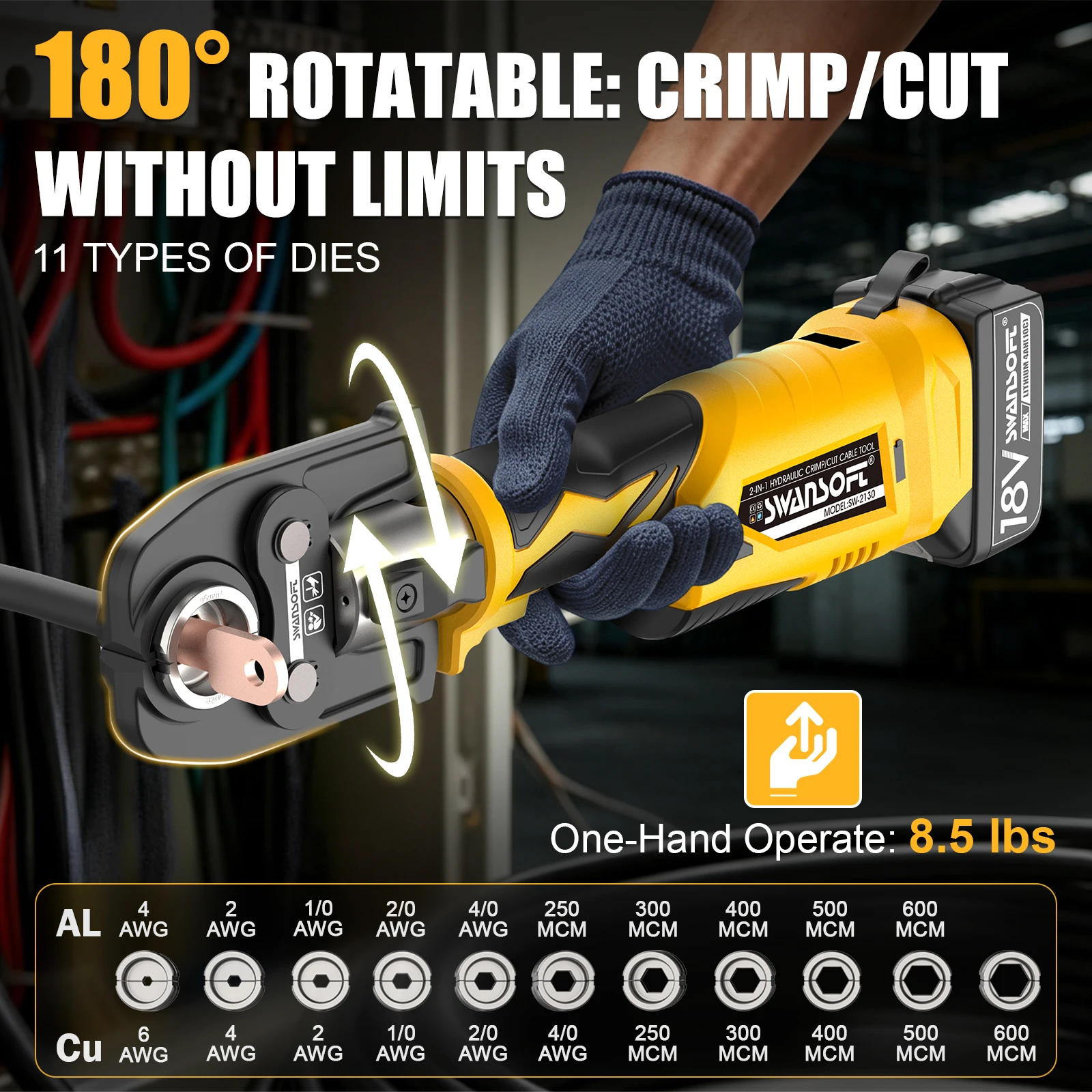 SWANSOFT 2-in-1 Hydraulic Electric Cable Crimping/Cutting Tool 5Ton Battery-Powered Wire Crimper Cutter with 6AWG-600MCM 11 Dies Cordless kit for Cu/Al Terminal lug - view 4