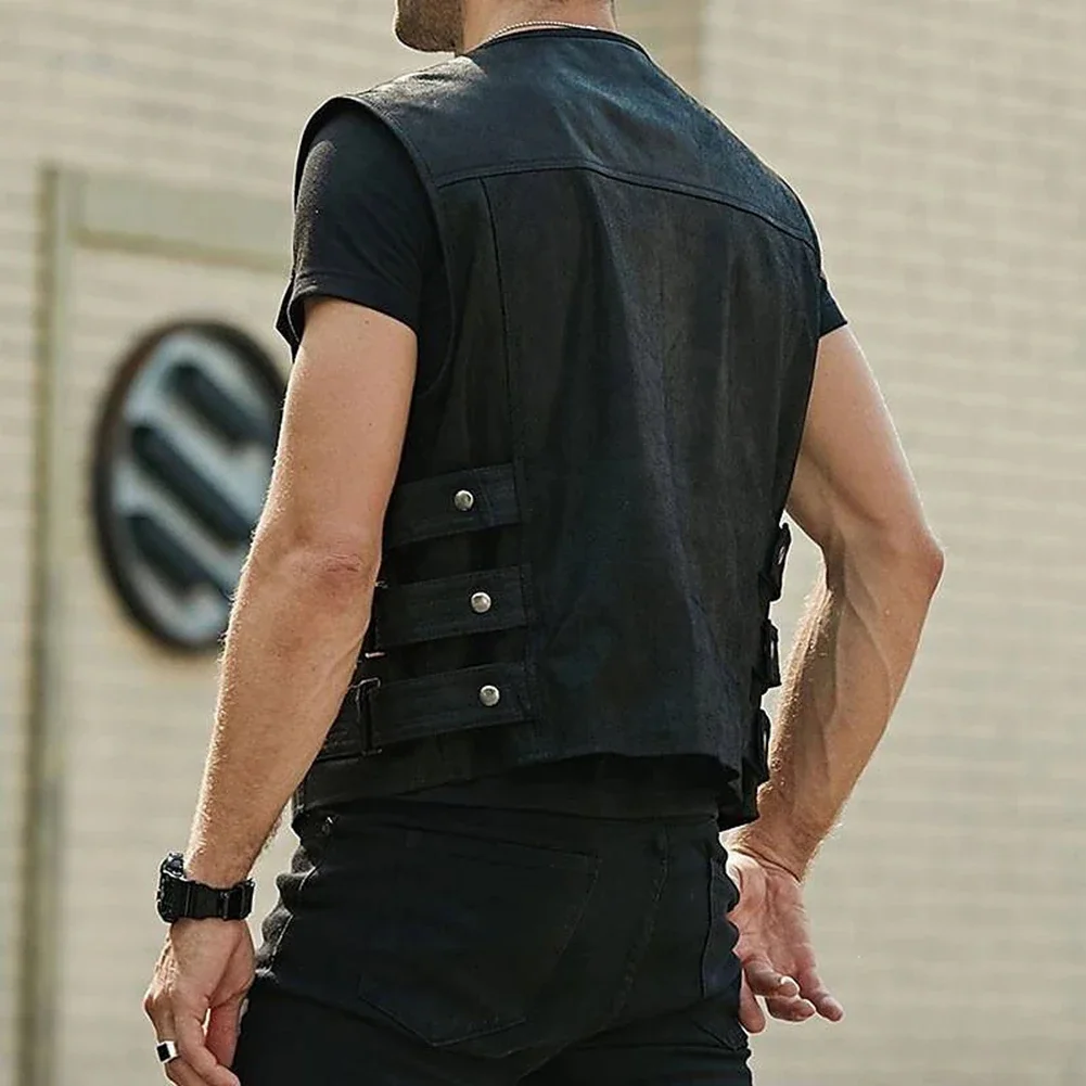 Modern Men's Faux Leather Biker Waistcoat  Motorcycle Black Vest with Multiple Club Pockets  Sleek and Sleeveless