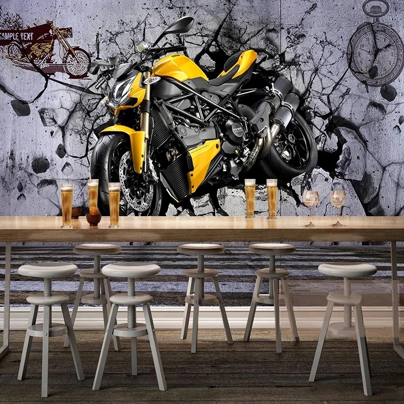 Customized Photo Mural 3D Yellow Motorcycle Cool Broken Wall Retro Restaurant Cafe Wallpaper Living room TV background bedroom