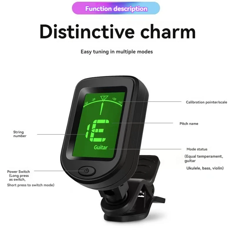 Recarregável Clip-On Electronic Guitar Tuner, todos os instrumentos, baixo, cavaquinho, violino, bandolim, banjo, Novo