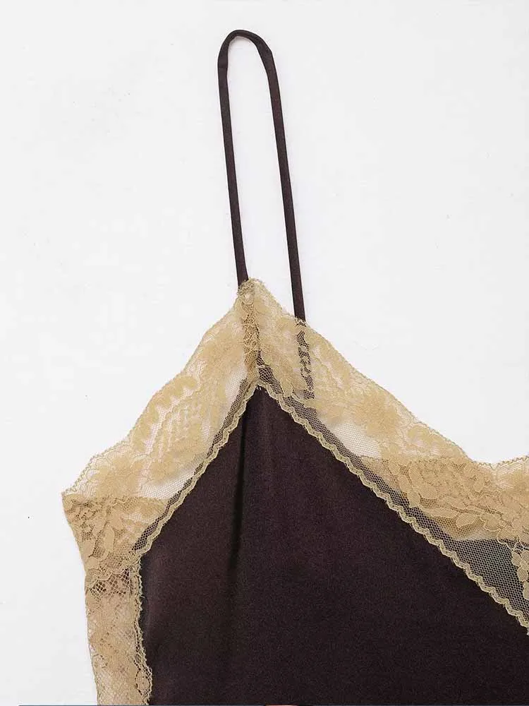 European and American style winter new fashion women's clothing casual versatile simple sleeveless silk satin lace top and skirt