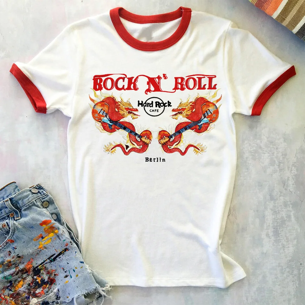 Rock and Roll Dragon Play The Guitar Graphic Ringer Tees Short Sleeve Pure Cotton Cool Tops Unisex Men Women Vintage T Shirts