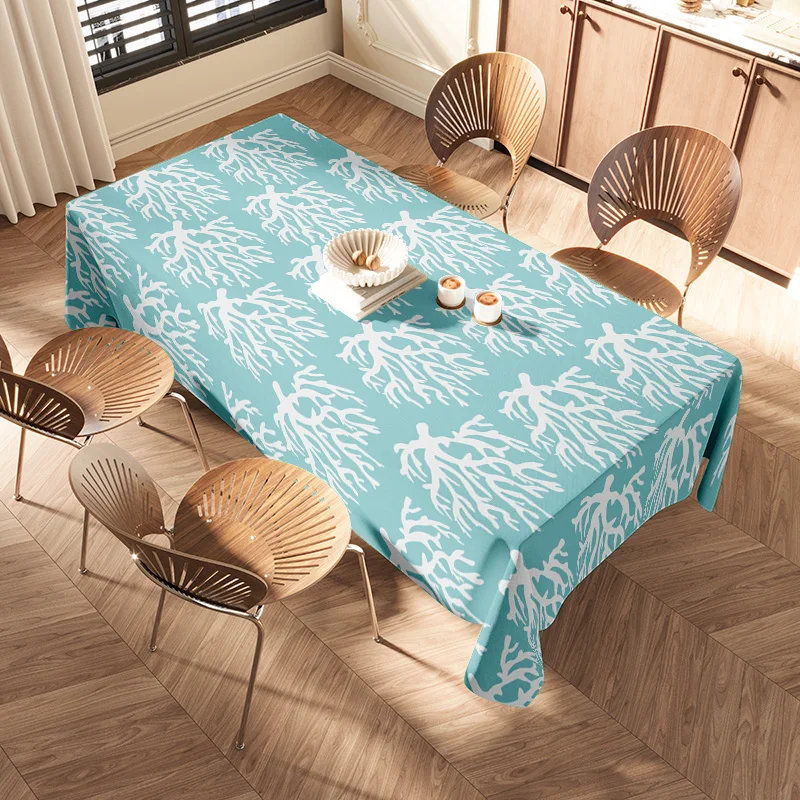 Modern Coral Reef Print Tablecloth Waterproof Spill-Resistant Kitchen Dining Decor 60x120cm (Blue White)
