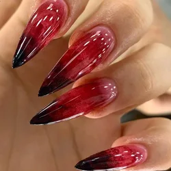 24pcs Blood Red Fake Nails Gradient Long Pointed False Nail Patch Full Cover Wearable Fake Nail Tips Halloween Manicure Sets