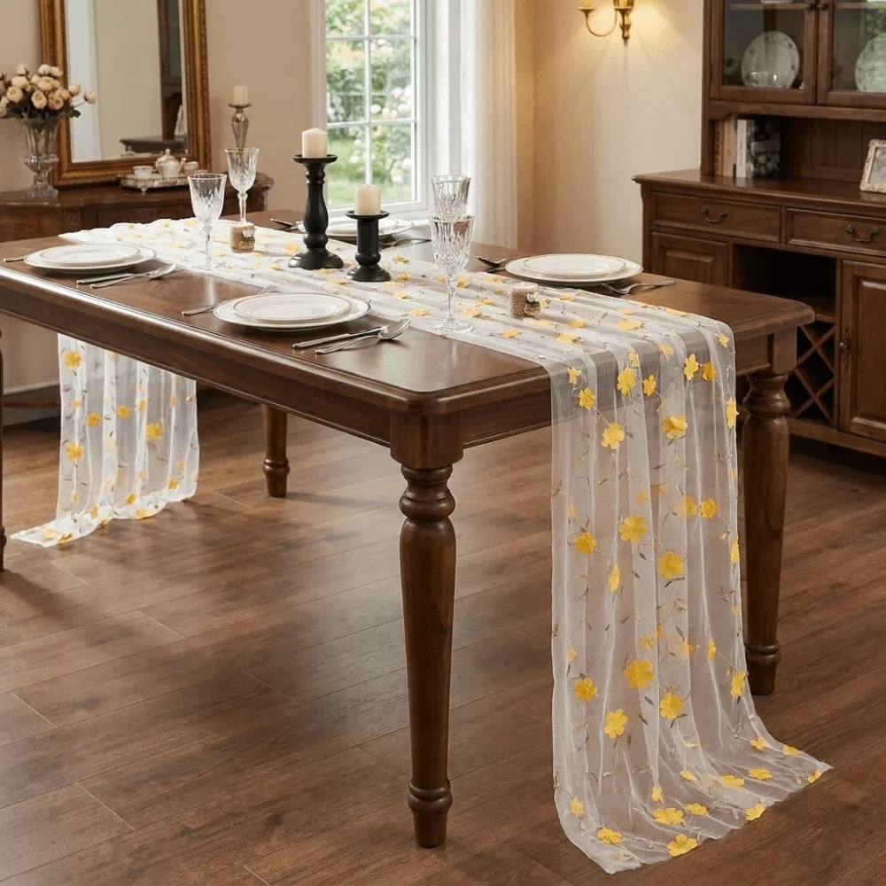 Creative Romantic Tulle Table Runner Semi-Transparent Vintage Floral Tablecloth 3D Embroidery Table Cover Countryside Party