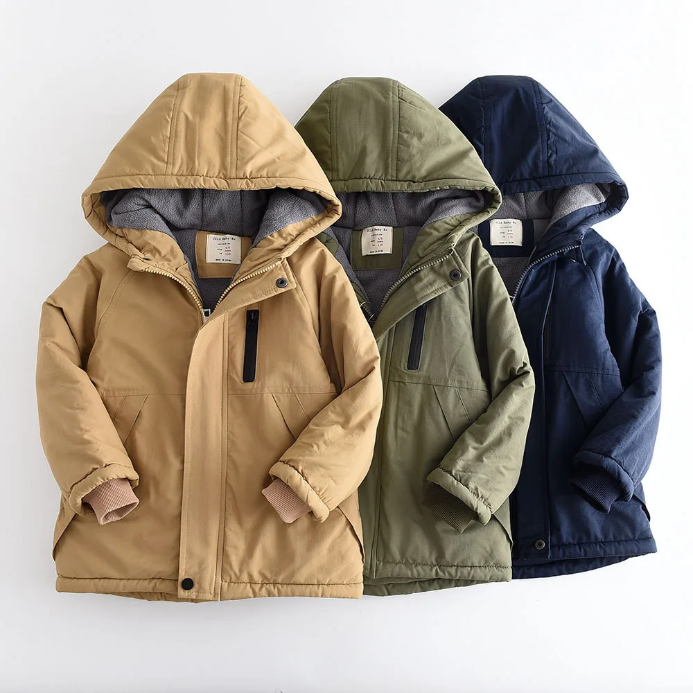 New 2026 Toddler Boys Fleece-Lined Thick Warm Parka Jacket Kids Casual Zip-Up Hooded Windproof Jackets Winter Outerwear