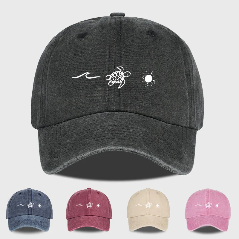 Retro Washed Baseball Cap with Wave, Turtle, and Sun Print – Uni Adjustable Dad Cap – Summer Beach Sun Hat