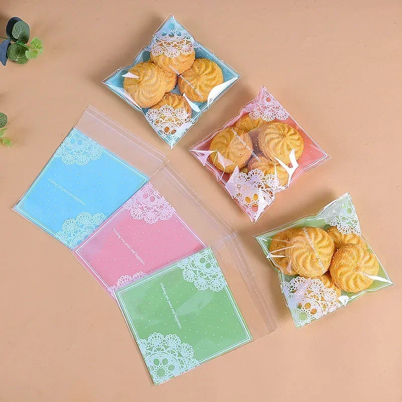 100Pcs/lot Romantic Lace Biscuit Packaging Bag Clear Cookie Plastic Candy Bags for Wedding Easter Self-adhesive Candy Bag