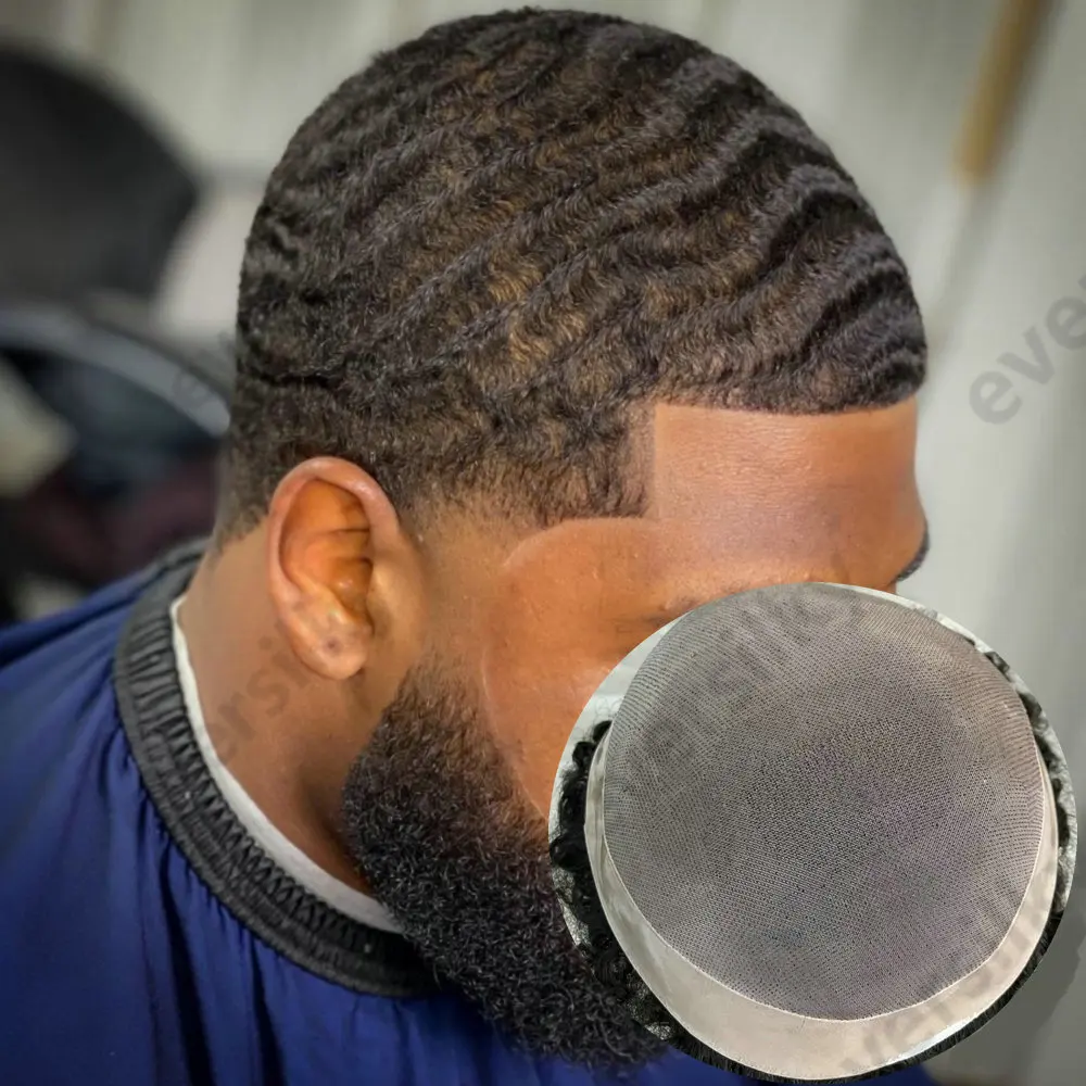 8mm/10mm 360-Wellen-Toupet für Männer, Feine Mono-NPU-Basis, Echthaar-Perücken für Männer, Afro 12MM Wellen-Kapillarprothese, Haarsystem-Topper – Detail 1