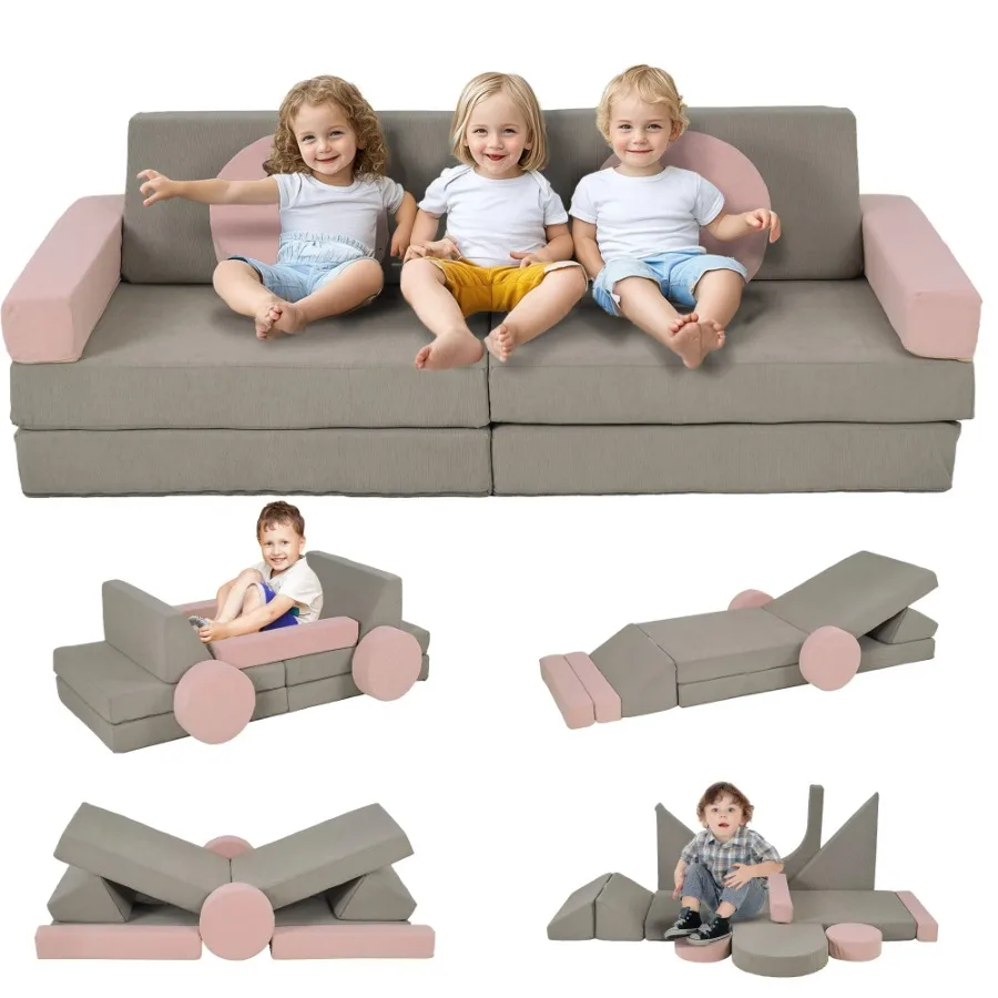 

Qaba Modular Play Couch 12 Pieces Couch for Playroom Bedroom Convertible Foam Floor Cushions for Boys and Girls Pink