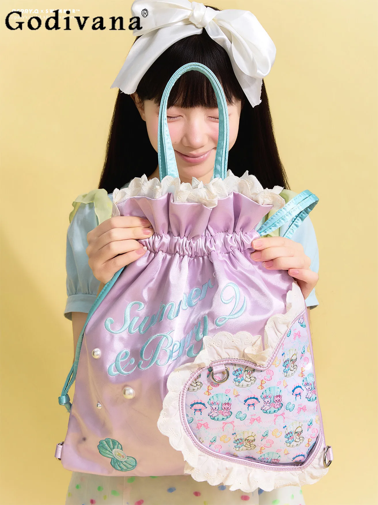 

Y2k Japanese Style Kawaii Lolita Satin Drawstring Bucket Bag Girls Sweet Casual Large Capacity Tote Bag Embroidered Backpack