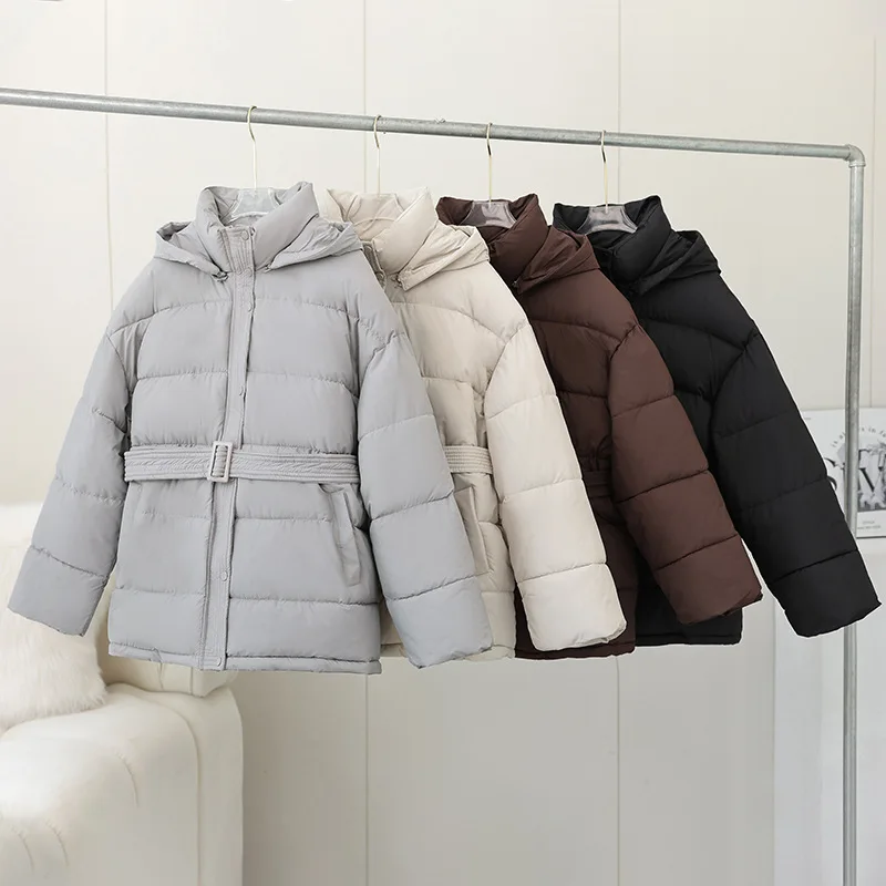 

2025 New Korean Puffer Jacket Winter Women Clothes Stand Collar Winter Cotton Padded Coat With Belt Female Hooded Outwear