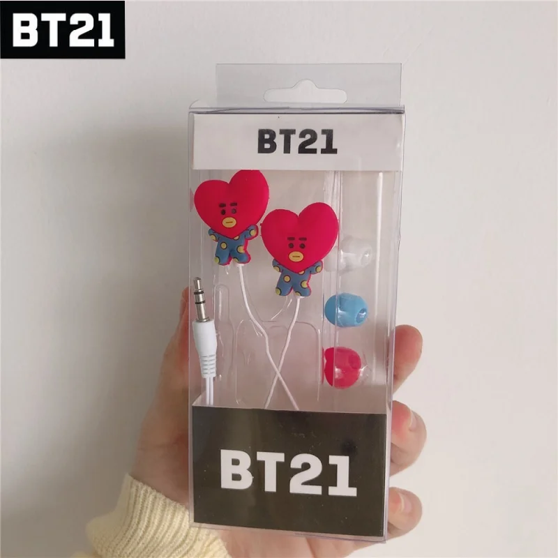 NEW BT21 Popular Anime Tata Cooky Koya Earphone Wired 1M In-Ear Sport Music Headphone with Mic Cute Cartoon Gaming Headset Gift