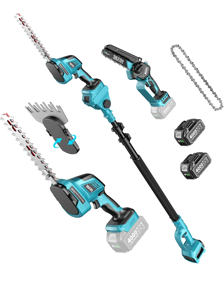 Seesii 6-in-1 Elektrische Heckenschere mit 2,4m Teleskopstange, Kettensäge, Strauchschere, Gartenwerkzeug für Makita 18V Akku