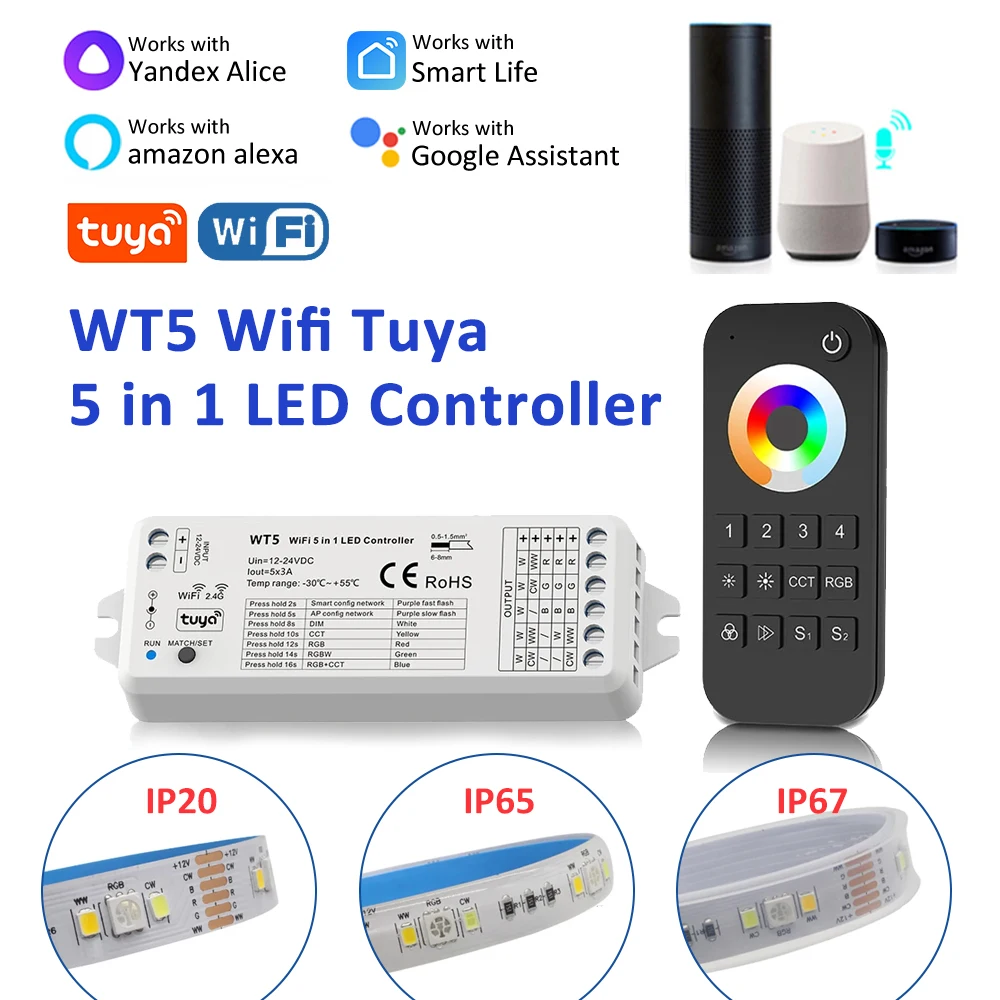 Tuya Wifi LED Controller 12V Smart Life 5in1 RGBCCT قطاع ضوء العمل مع Alexa Google Home WT5 RT5 RT10 90LEDs/M 2535 5050 IP67