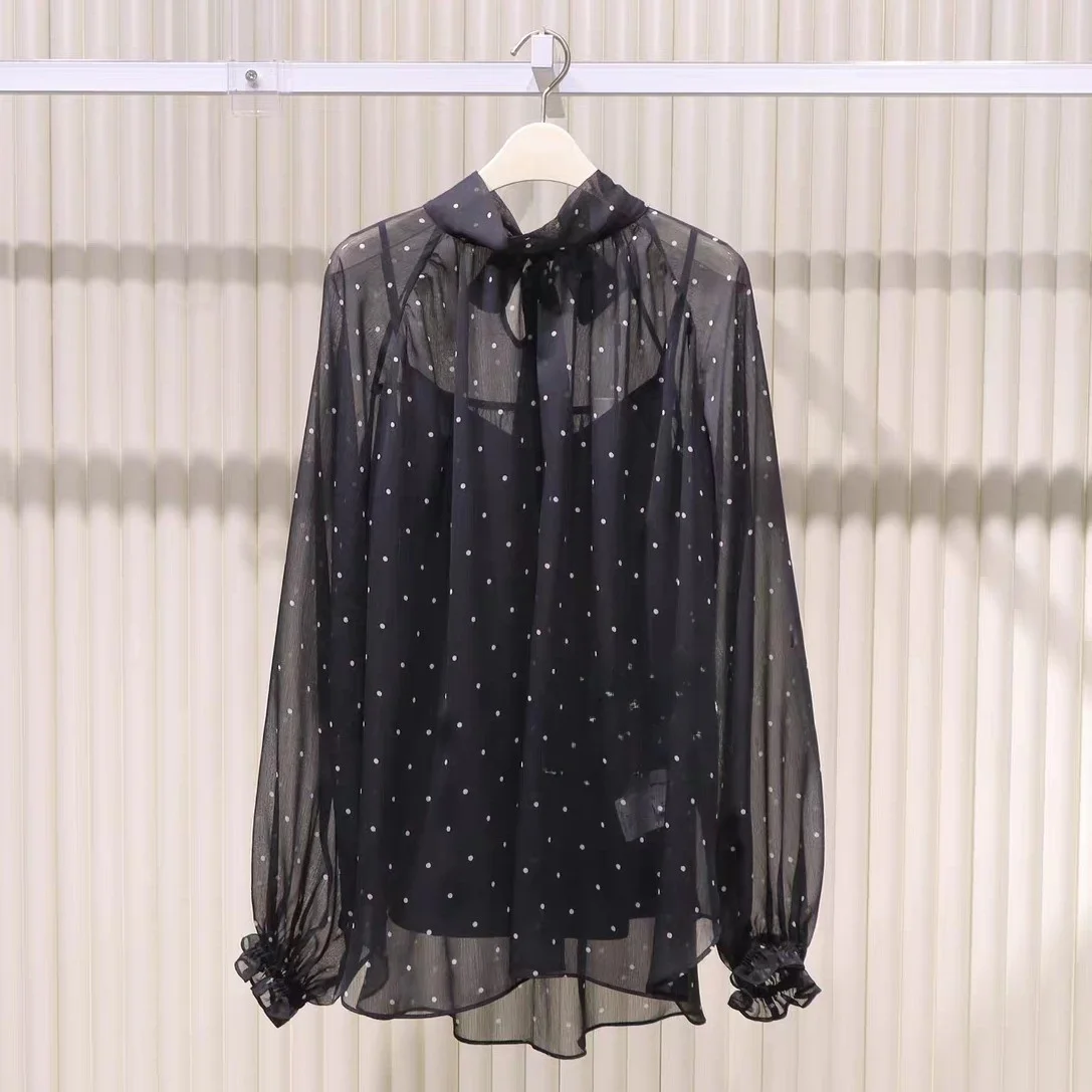 

Spring 2026 Fashionable Polka Dot Two-Piece Set Women's Strap Vest Belted Shirt Casual Loose Fit Long Sleeve Printed Top