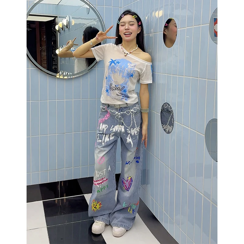 Women Vintage Y2k Baggy Graffiti Print Jeans Streetwear Hip Hop Harajuku Denim Trousers Japanese 2000s Oversize Pants Clothes