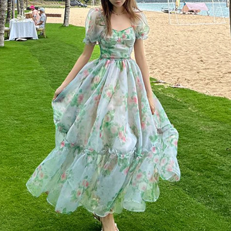 Pink Floral Print Green Chiffon Dress Spring Summer Fashion A-line Dress 2023 French Style Elegant Vintage Square Collar Dress