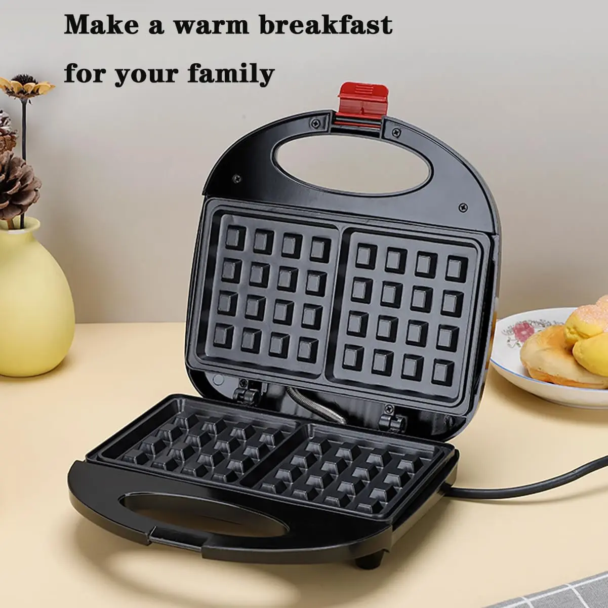 ماكينة صنع الوافل المنزلية، ماكينة صنع الساندوتشات، ماكينة صنع الإفطار، ماكينة شواء اللحوم، ومقلاة الكيك، والساندويتش