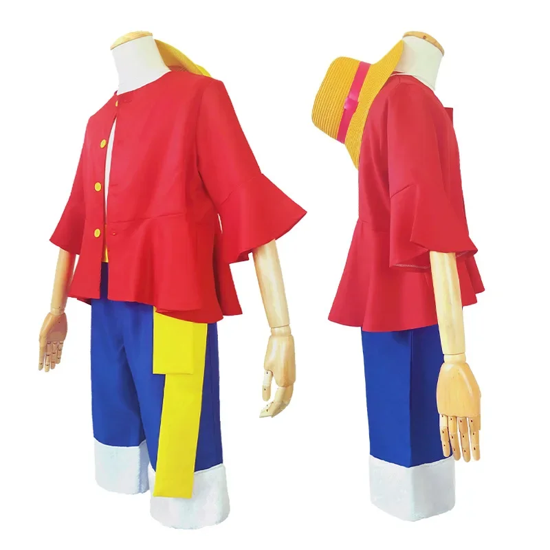 

2024 New Cosplay Anime Sun God Luffy Costume Children Straw Hat Jacket Pants Belt Set Halloween Carnival Year Adult Men's