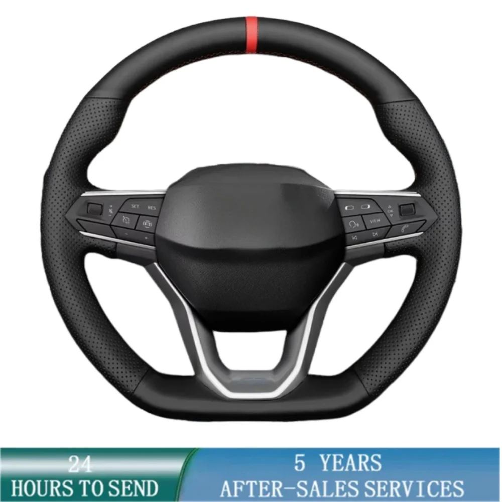 For SEAT Leon IV Ateca Tarraco 2020-2022 Ibiza 6F Arona 2021-2022 Black Leather Red Marker No-slip Soft Steering Wheel Cover