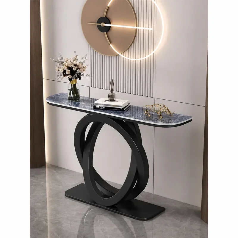 Italian Light Luxury Wrought Iron Porch Table with Rock Slab Top Simple Modern Entrance Corridor Wall Mounted Semi Circular