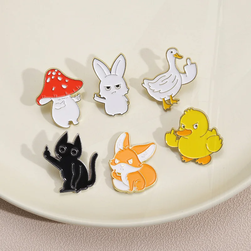 Lapel Badges Cartoon Fox Rabbit Duck Cat Jewelry Gift for Kids Friends Sarcastic Enamel Brooch Custom Animal Rude Finger Pines