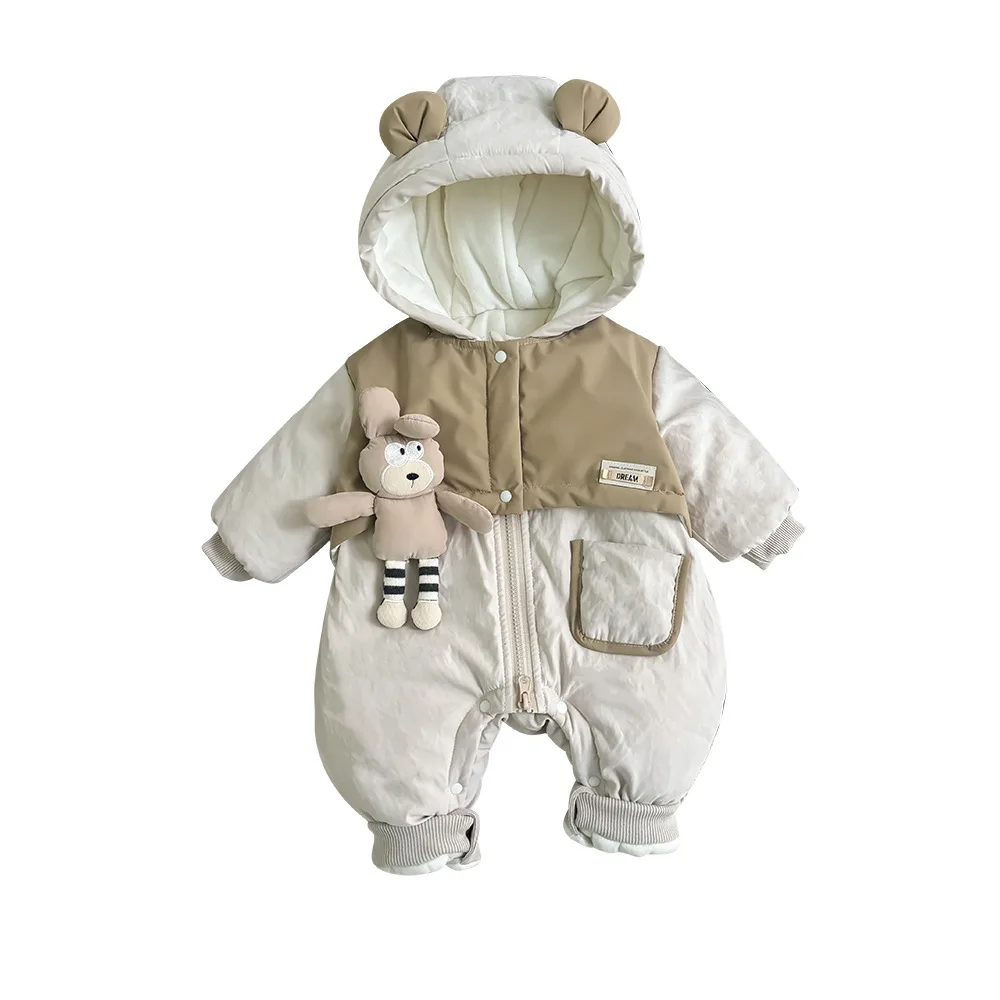 UNIFEMEN Winter 2024 Infant Boys Bodysuit Hooded Pocket Cartoon Plus Velvet Warm Baby Boys Parkas Newborn Boys Jumpsuit