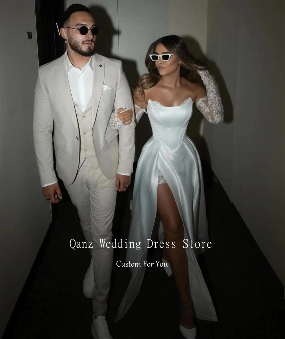 Qanz Sexy Satin White Wedding Dresses High Side Slit Removable Sleeves Lace Up Back Long Bride Gowns Party Dresses Customized