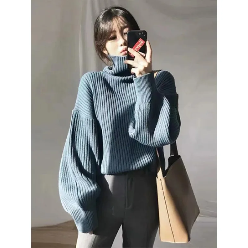 Korean Thicked Loose Woman Pullover Sweater Turtleneck Simple Natural Knitwear Autumn Winter Hot Soft Warm Female Elegant Jumper