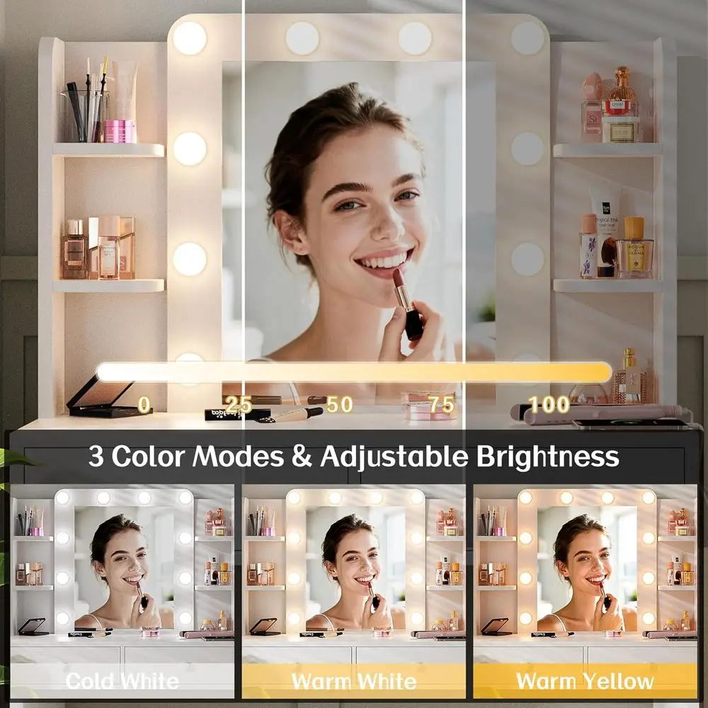 White LED Makeup Vanity Desk with 3-Color Light, 2 Drawers, 6 Shelves, and Chair
