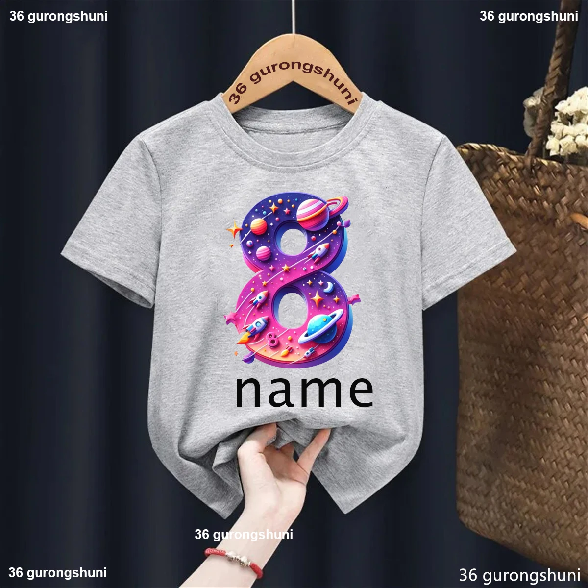 8th/9th Birthday Gift Printed T Shirt Girls/Boys Astronaut Spacecraft Planet Tshirt Kawaii Kids Clothes Solid T-Shirt