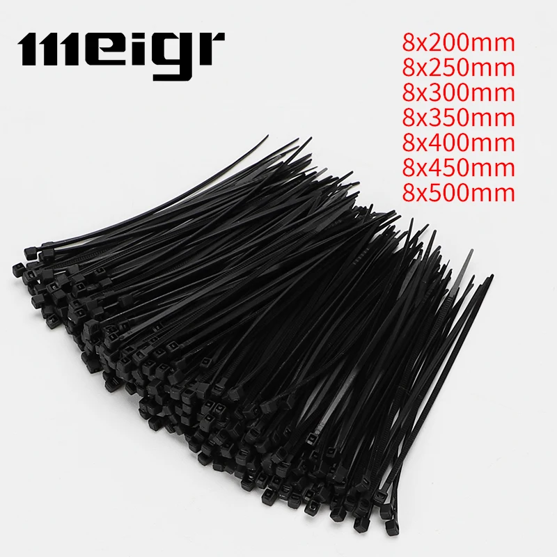 100 Pcs Cable Ties 8x200 Black and White High-quality Plastic Cable Ties 50 Lb Tensile Strength Self-Locking Hardware Cable Ties