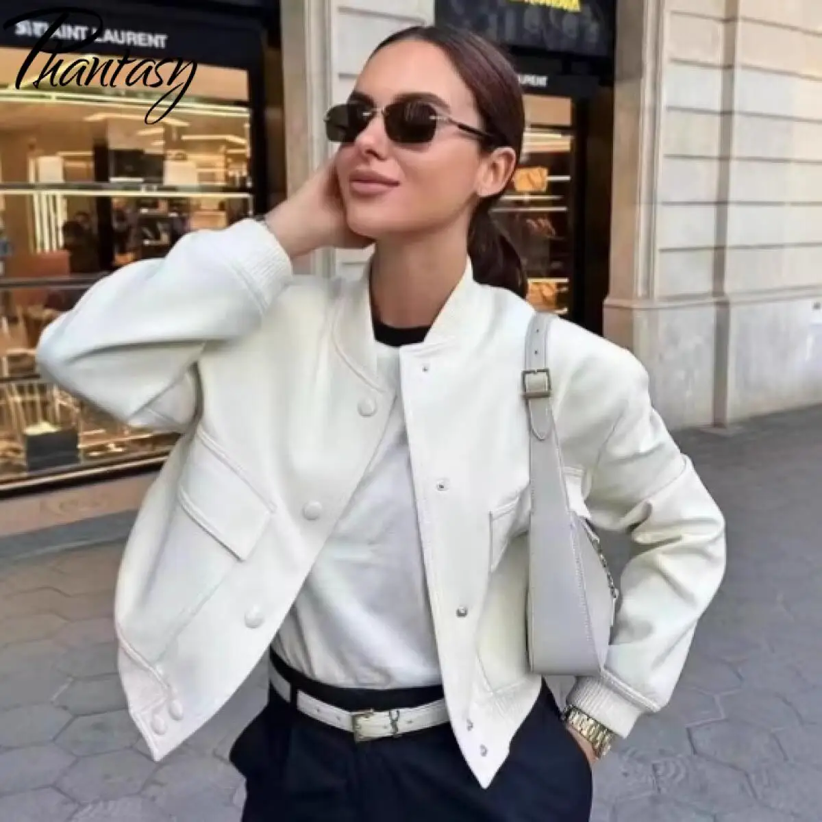 

Phantasy Vintage Pockets Jacket Y2K Long Sleeve Front Button Casual Female Outerwear Chic Tops Baseball Aviator Cropped Jackets