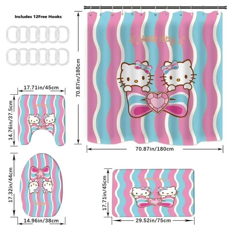 Hello Kitty Cortina De Chuveiro, Sanrio Anime Kit, 4 Conjunto De Peças, Impressão, Tapete Em Forma De U, Almofada, À Prova De Água, Kawaii, Novo