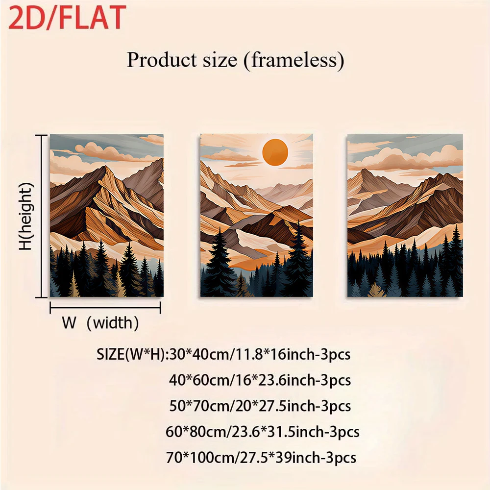 One set of modern minimalist style three-panel frameless decorative paintings: landscape, sunrise, forest, and home decoration.