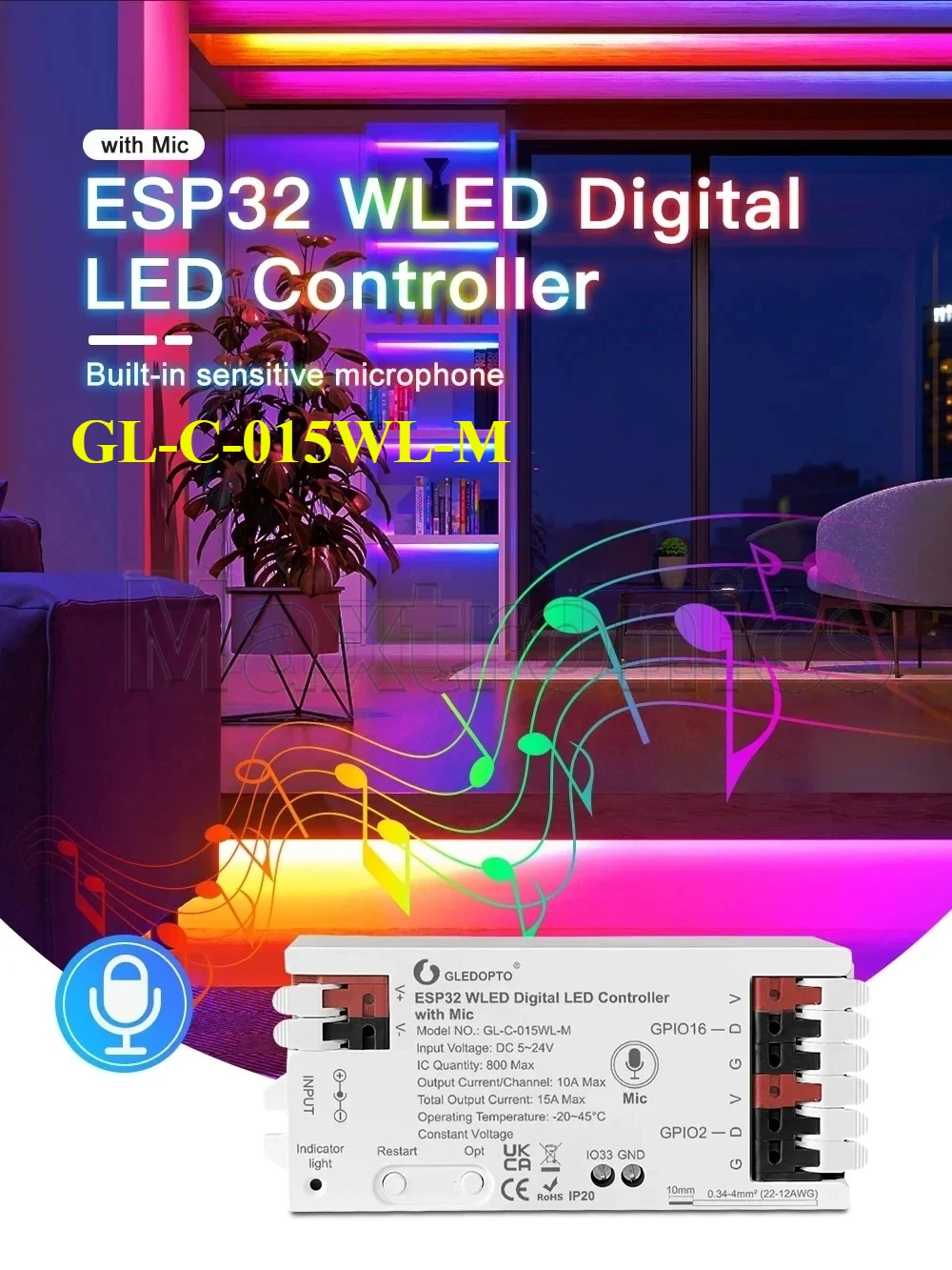 ESP32/8266 WLED LED Controller GL-RC-001/GL-C-014WL/GL-C-015WL/ GL-C-015WL-M WiFi WS2811/2812 SK6812 TM1814 WS2813/2815 LEDStrip
