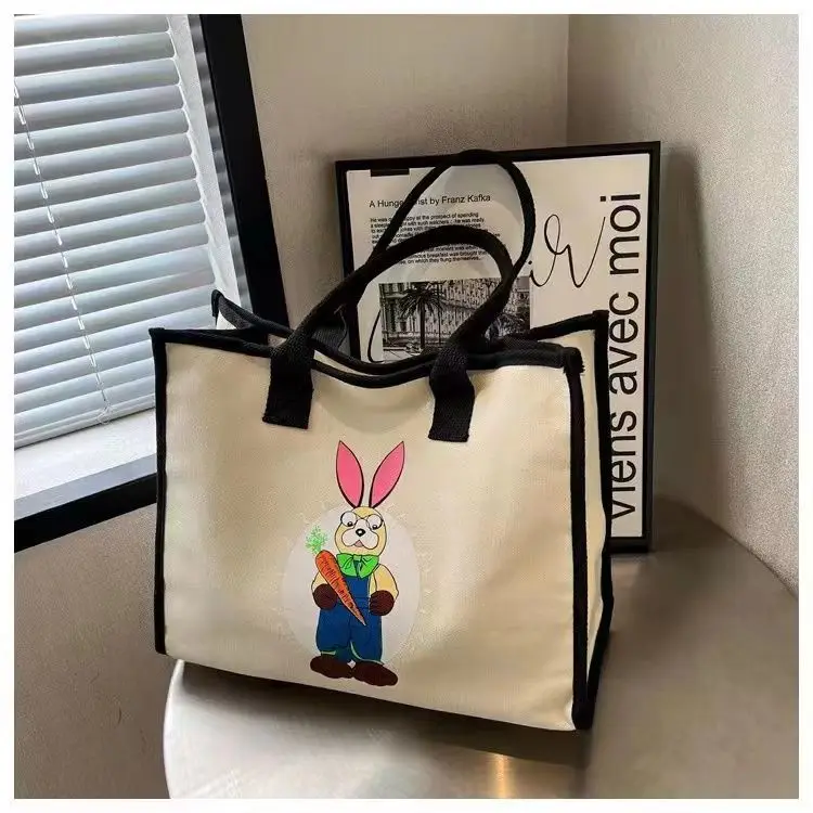 Cartoon Printed Canvas Bag for Women, 2024 New High-capacity Single Shoulder Commuting Tote, Class Tutoring Handbag