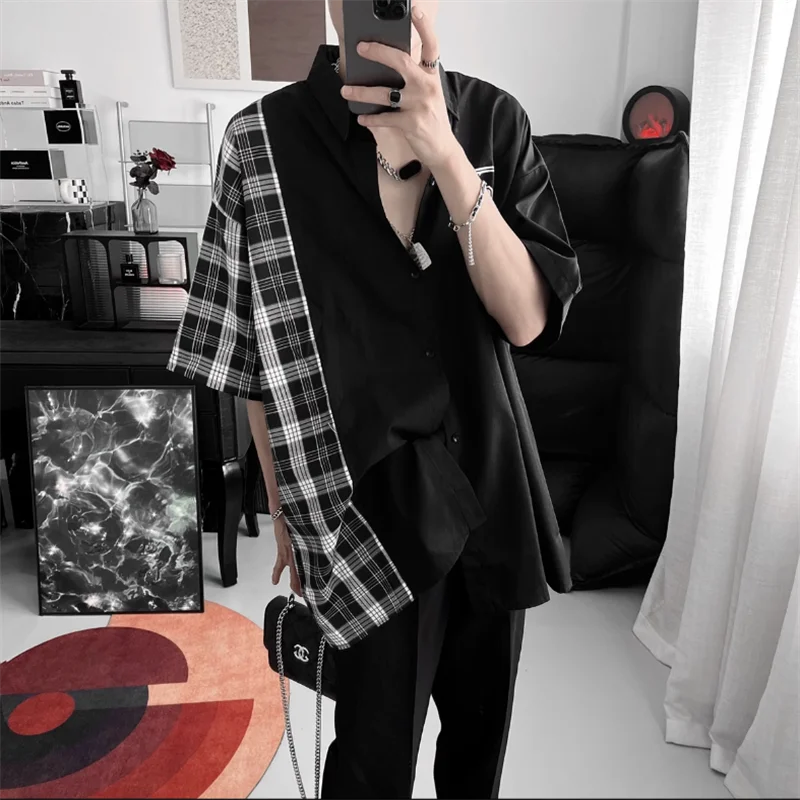 Black plaid splicing short sleeve lining men fake two design sense of loose casual shirt tide