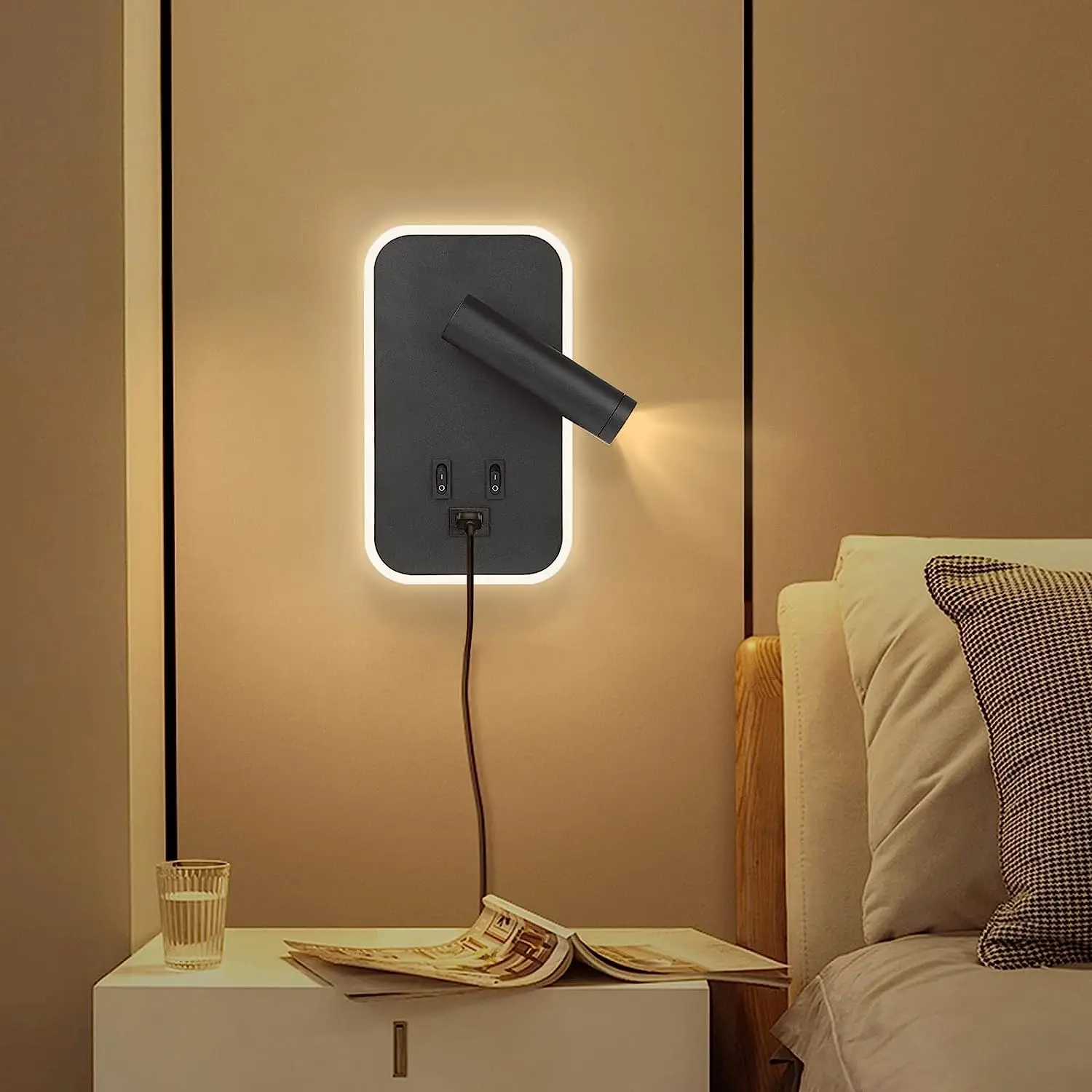 AC85-265V Bedside Wall Lamp with USB Charging Port,10W +3W Adjustable Modern Wall Sconce Spotlight for Bedroom Living Room Decor