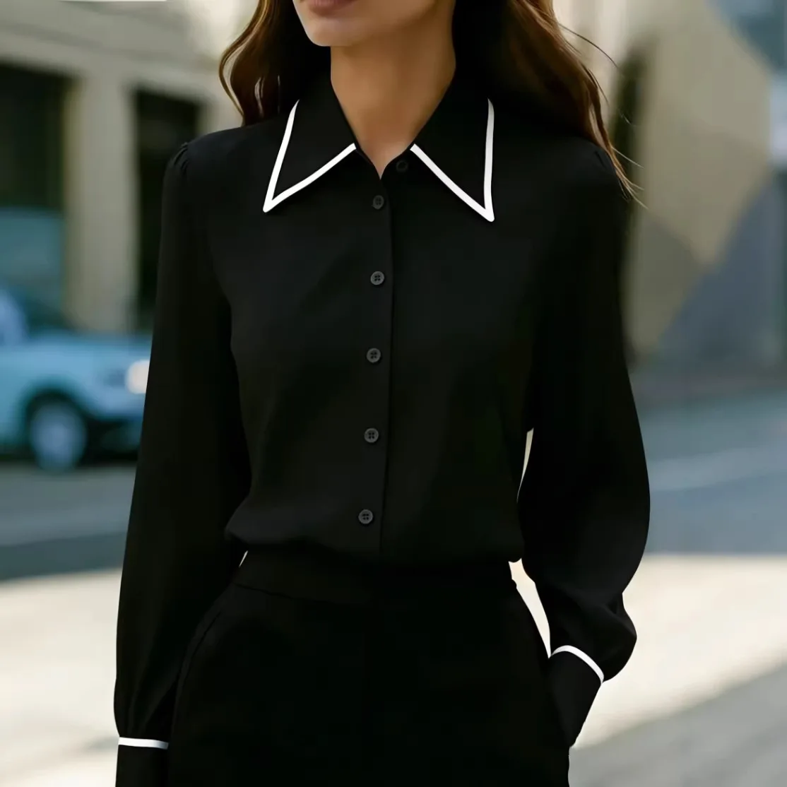 

Elegant Women's Long Sleeve Shirt Outfit Fashionable Ladies' Clothing Stylish Color Block Pattern Resistant to Deformation
