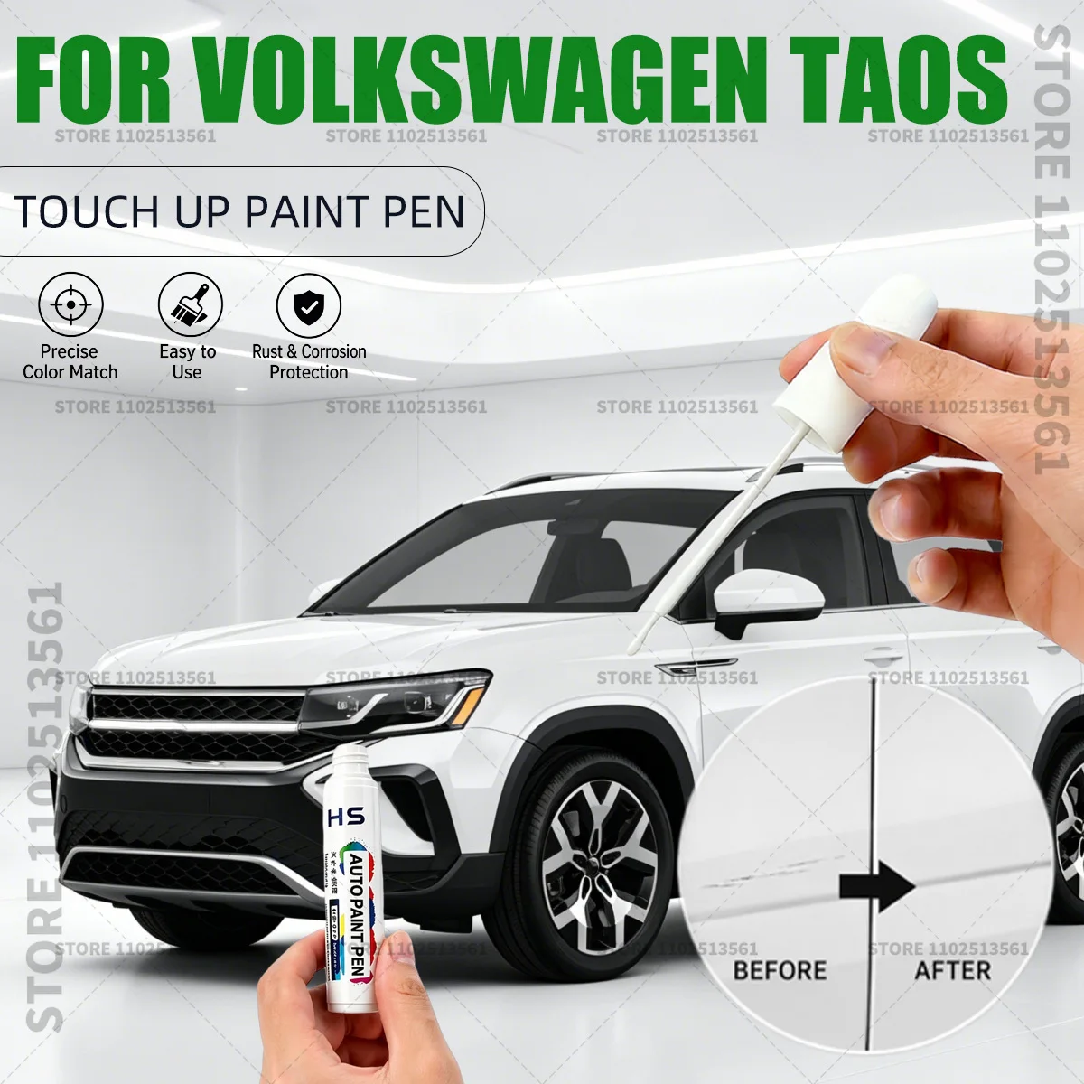 Lápiz Reparador de Pintura para Automóviles Volkswagen Taos en Negro Profundo, Blanco Puro, Gris Platino y Rojo, Restaura el Acabado de Pintura Original de Fábrica