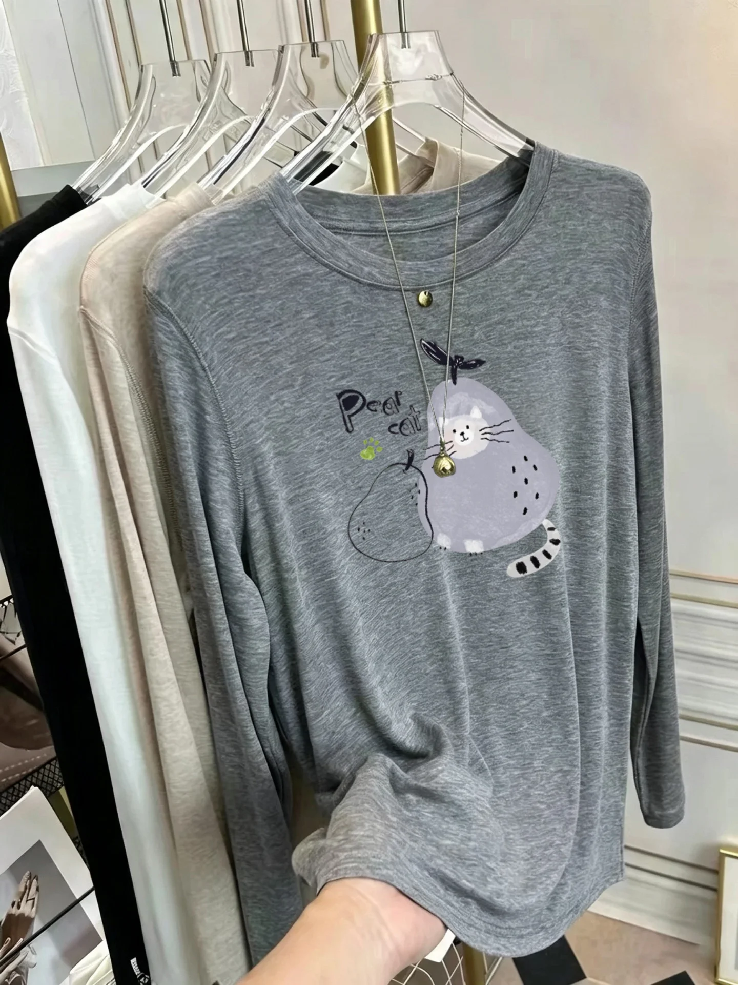 Korean Style Women's Long Sleeve T-Shirt Soft Sunscreen Print Thin Mask Base Shirt Early Autumn Fashionable Cotton Tee