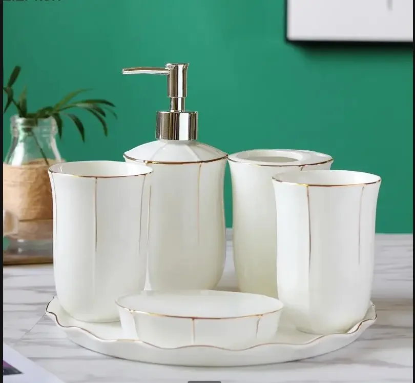 

Ceramic Bathroom Set Supplies Wash Five-piece with Tray Mouthwash Cup Toothbrush Holder Soap Dish Lotion Bottle